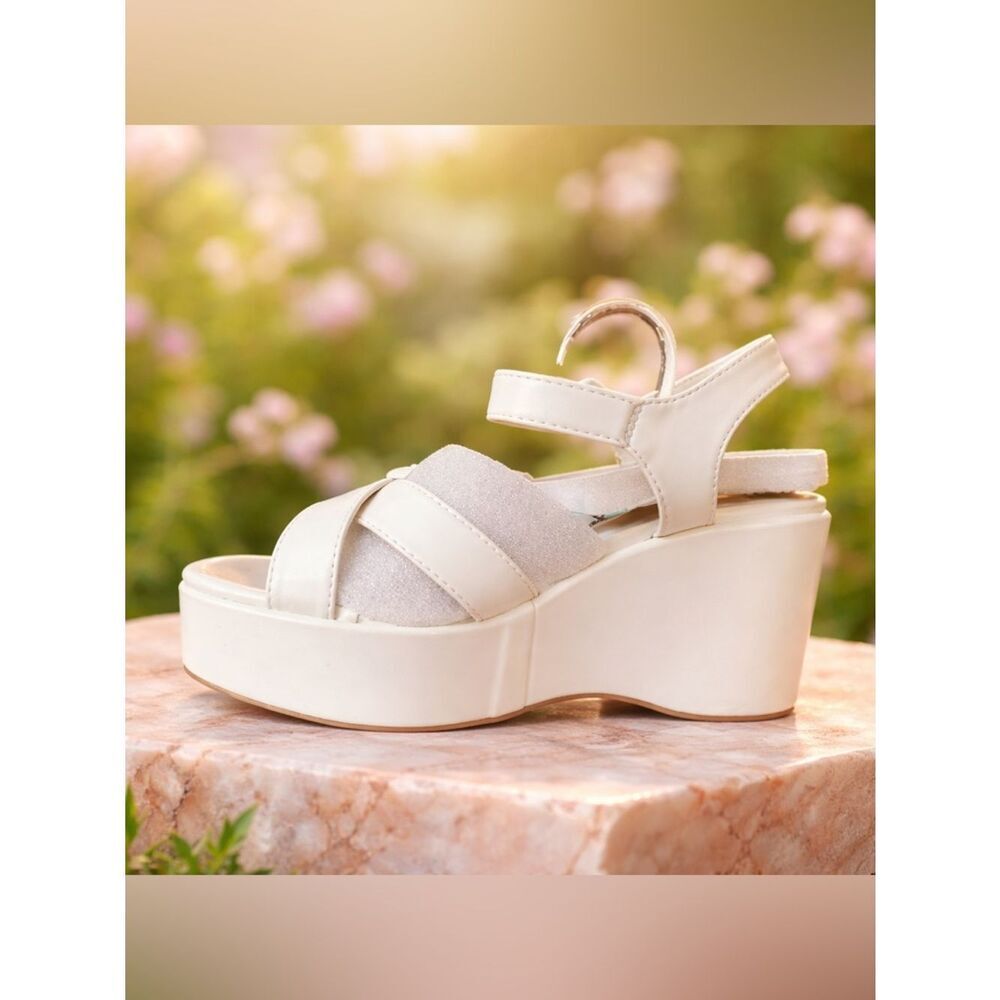 NWT Women’s Platform Sandal w/Wedge Heel Straps Buckle WHITE 4” Heel - Size 10